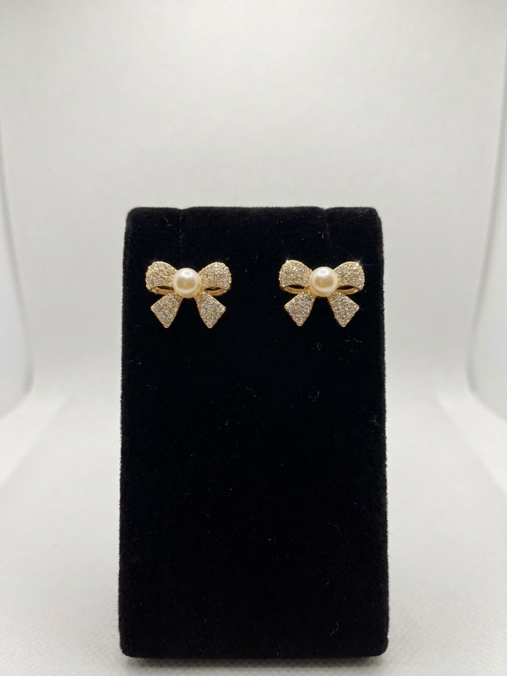 Gold Bow Pearl Accent Stud Earrings - Women Jewelry